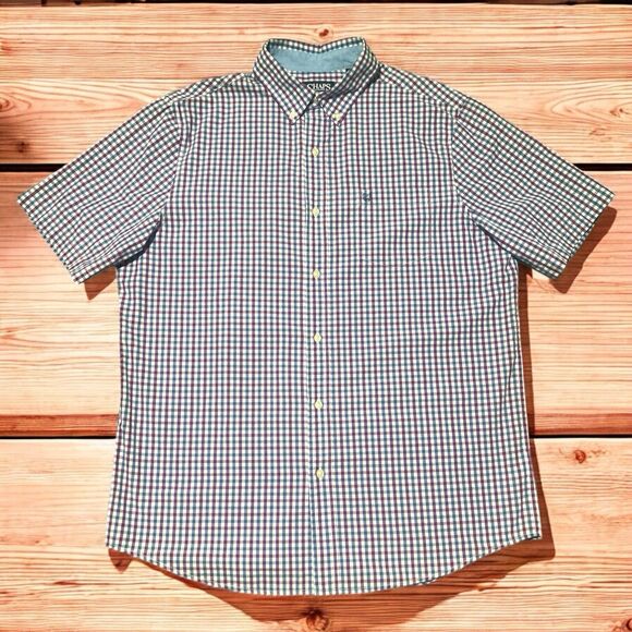 Chaps Men’s Large Plaid Shirt Purple Blue Short Sleeve Button Down Easy Care - Picture 2 of 4